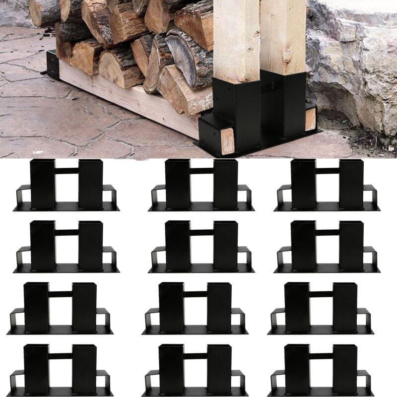 12x Aide à l'empilage du bois acier enduit, noir, abri en bois bricolage pour bois équarri, stockage du bois 12 pièces - Einfeben
