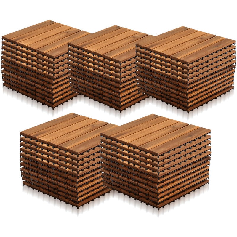 Swanew 55x Dalles de terrasse en bois d'acacia Mosaïque 30x30cm Dalle clipsable 5m² balcon jardin