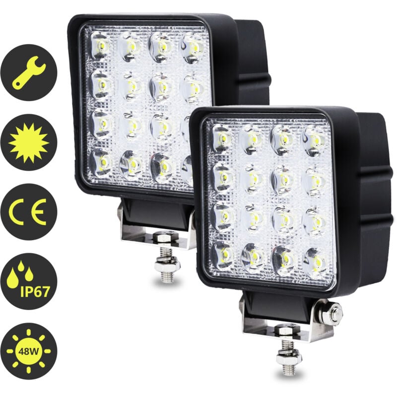 2X 48WProjecteur Phare de Travail 12V 24V led Carré led Moto Spot Feux Additionnels Offroad Lampe - Vingo