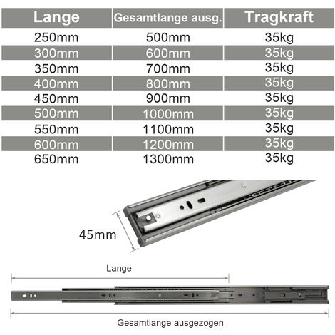 VINGO 2X Schubladenschienen Vollauszüge 500 mm Schubladen Führung kugelgelagert Tragkraft 35 - Silber