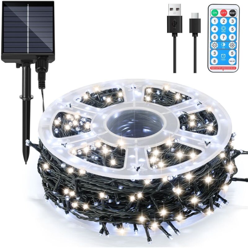 SWANEW 50M 500LED Luz solar de Navidad IP44 8 modos de decoración festiva Jardín interior al aire libre para la boda de cumpleaños de Navidad blanco
