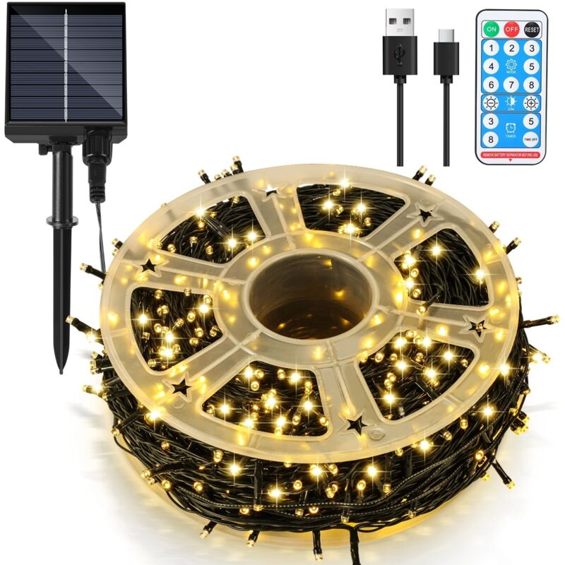 SWANEW 30M 300LED Luz solar de Navidad IP44 8 modos de decoración festiva Jardín interior al aire libre para la boda de cumpleaños de Navidad blanco