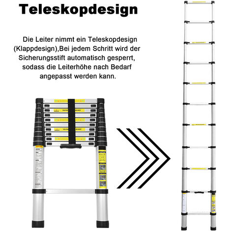 VINGO 3.8M Alu Teleskopleiter mit Tragegriff, Ausziehbar Ausziehbare Leiter, Flexibel Aluminiumleiter, Maximale Tragkraft von 150, für Heim Werken