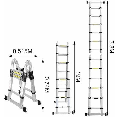 VINGO 3.8M Teleskopleiter, Ausziehbare Leiter Rutschfester, Aluminium Klappleiter Stehleiter, Ausziehleiter Mehrzweckleiter, 150 Belastbarkeit