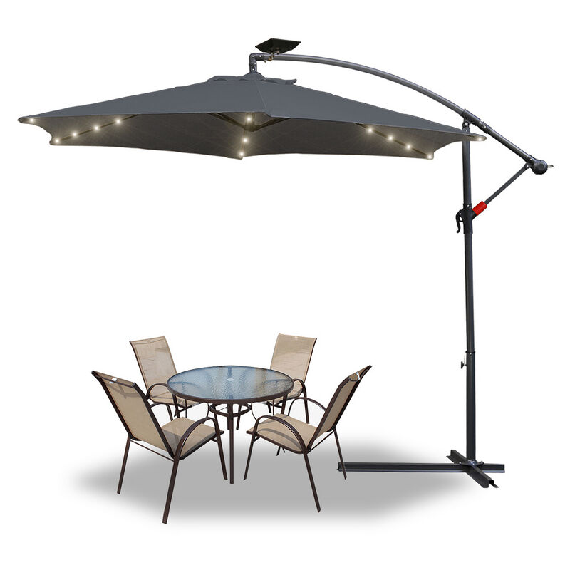 Parasol avec led, parasol ampli ø 350 cm, protection solaire, protection uv jusqu'à upf 30+, ouverture et fermeture facile, gris