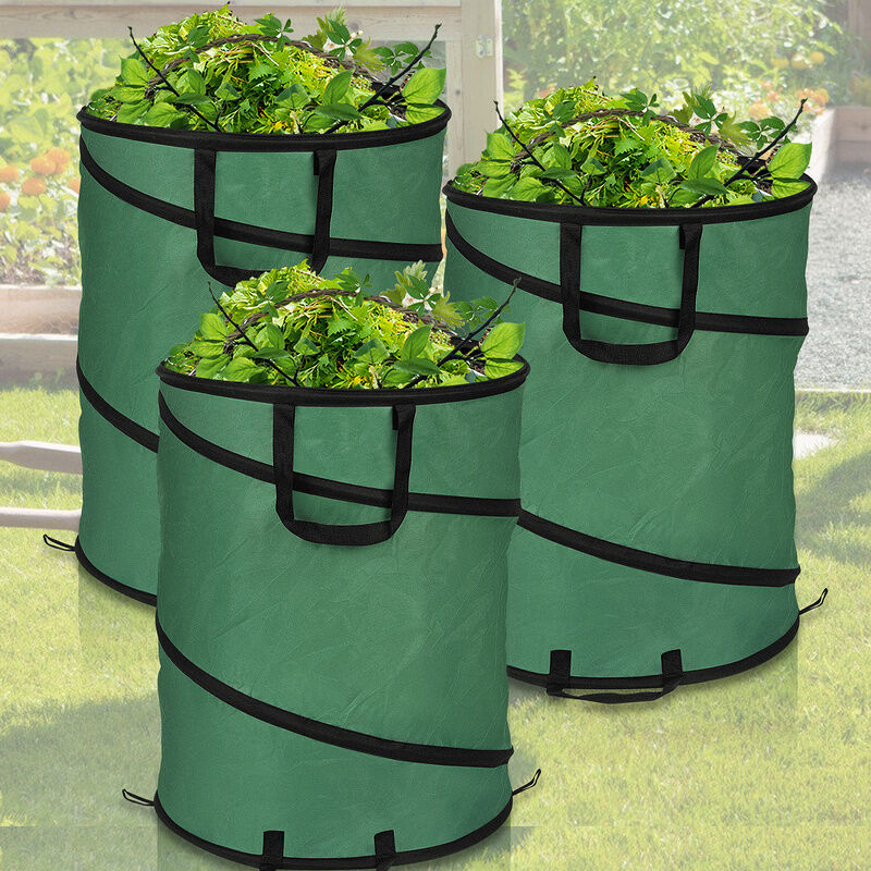 Vingo - 3x Sac de jardin 170L Pop-Up Sac à déchets avec poignées Sac à feuilles Sac à gazon xxl Vert