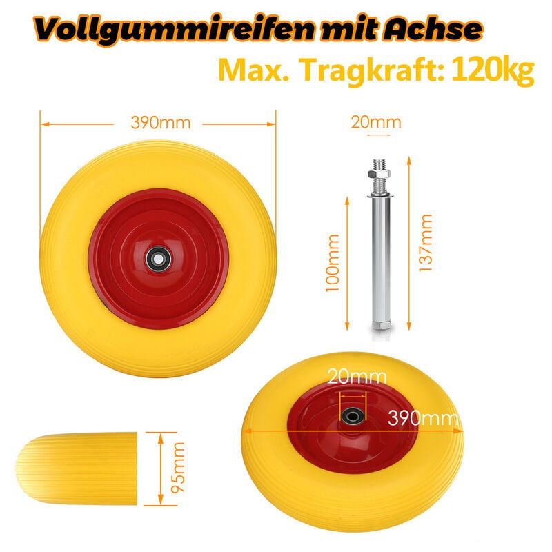 4.80/4.00-8 pu Schubkarrenrad Vollgummi pannensicher Ersatzrad inkl. Achse Achse 390 mm fürBollerwagen Gartenkarren Go-Carts etc - Vingo