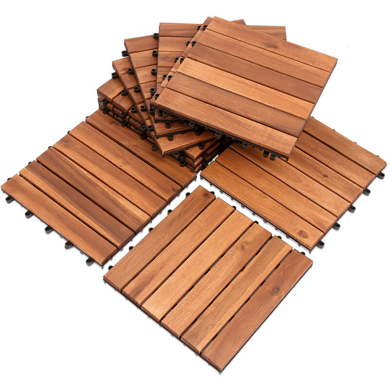 22x Dalles de terrasse en bois d'acacia ou bois d'eucalyptus 30 x 30 cm Dalle clipsable balcon jardin extérieur Acacia Mosaïque - Vingo