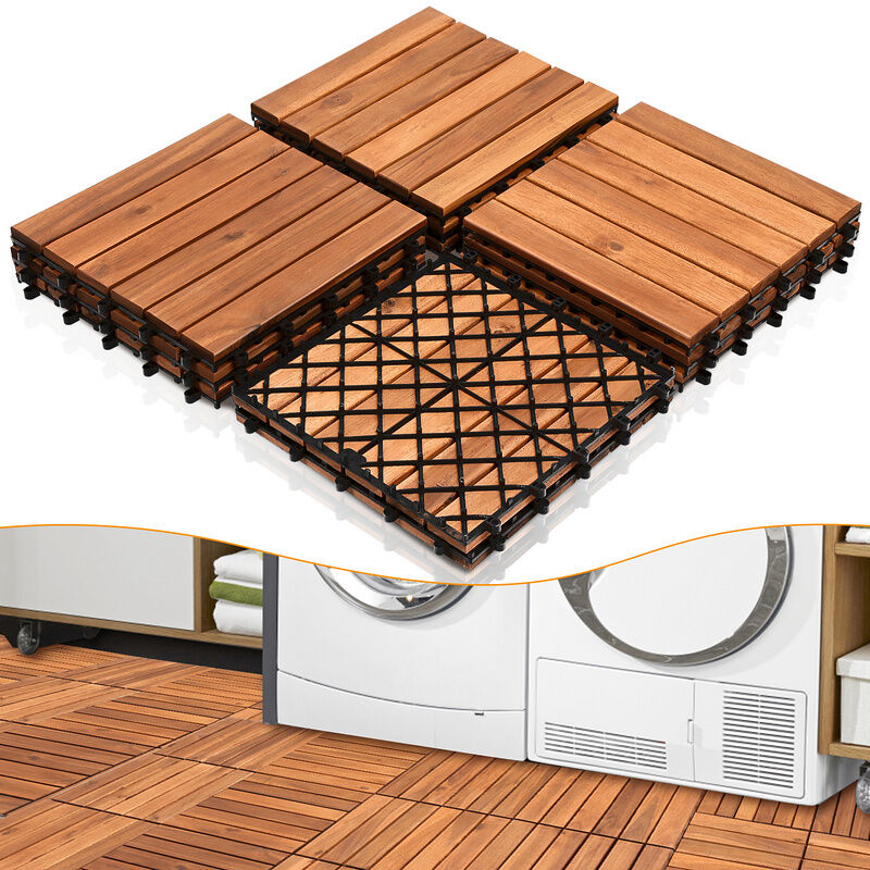 55x Dalles de terrasse en bois d'acacia ou bois d'eucalyptus 30 x 30 cm Dalle clipsable balcon jardin extérieur Acacia Mosaïque - Vingo