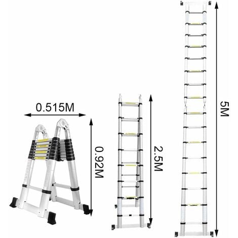 VINGO 5M Teleskopleiter, Ausziehbare Leiter Rutschfester, Aluminium Klappleiter Stehleiter, Ausziehleiter Mehrzweckleiter, 150 Belastbarkeit