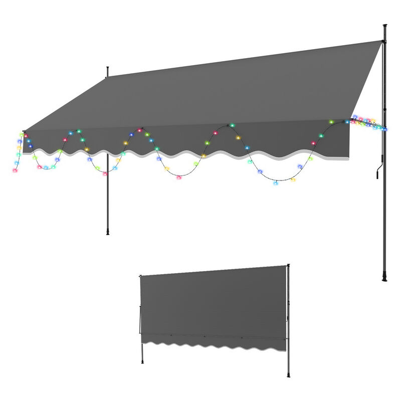 Auvent manuel avec poignée Pas perçage nécessaire Résistant au soleil et à l'eau Réglable hauteur Avec guirlandes lumineuses Gris 200cm - Vingo