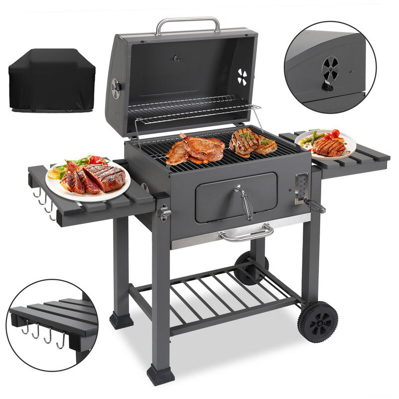 Barbecue à Charbon de Jardin - Double plateau 2 Tables d'Appoint Pliables & 8 Crochets 13967107.5cm xxl - Vingo