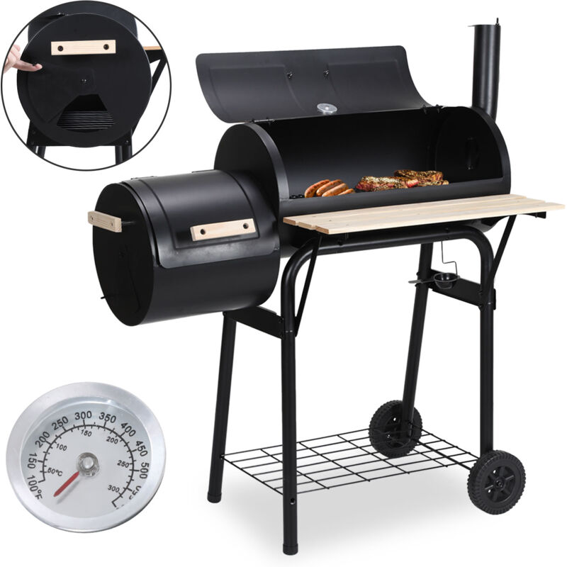 Vingo - Barbecue à Charbon Chariot de Bois Extérieur Barbecue Grill Fumoir Smoker, Bac à huile-Etagère en bois xl