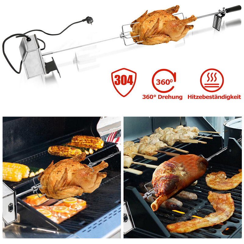 Bbq Tourne Broche en Acier Inoxydable 117CM Set de Broche à Griller, électrique Automatique Rotatif, avec Moteur 220-240V