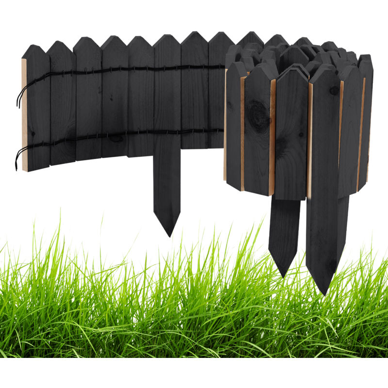 Bordure de Jardin en Bois de Pin Naturel 200x10x1.5 cm - Clôture Décorative pour Pelouse et Massifs Teinte anthracite - Vingo