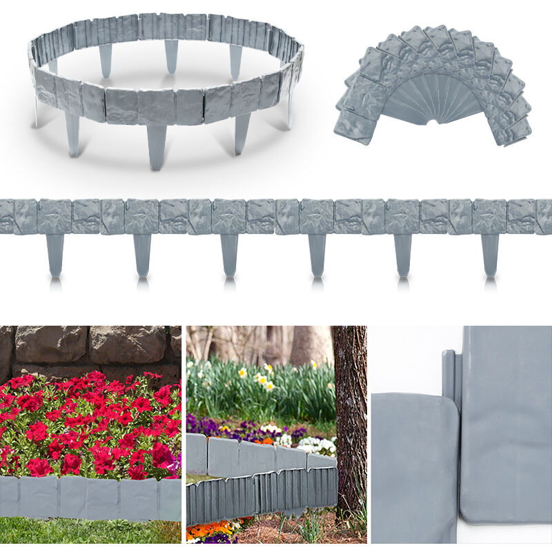 Vingo - Bordure de pelouse Pierre effet Bordure de parterre Bordure de pelouse pp plastique pour jardin, prairie LxH 25x23cm 10-pièces/2,5M Gris