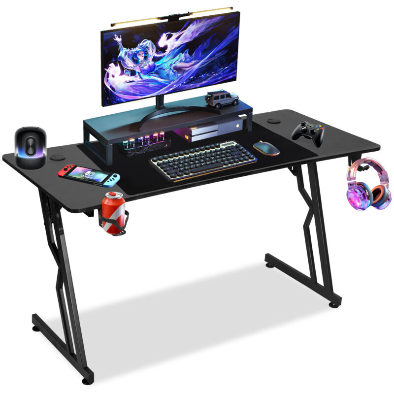 Bureau Gaming en Z-Forme avec Tapis de Souris, Porte-gobelet et Crochet pour Casque, Bureau Gamer 120x60cm, sans led - Vingo