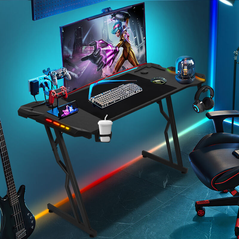 Vingo - Bureau Gaming Ergonomique en Z-Forme 120x60cm Table de Gaming avec Trou, Porte-gobelet et Crochet pour Casque (met LED+télécommande)
