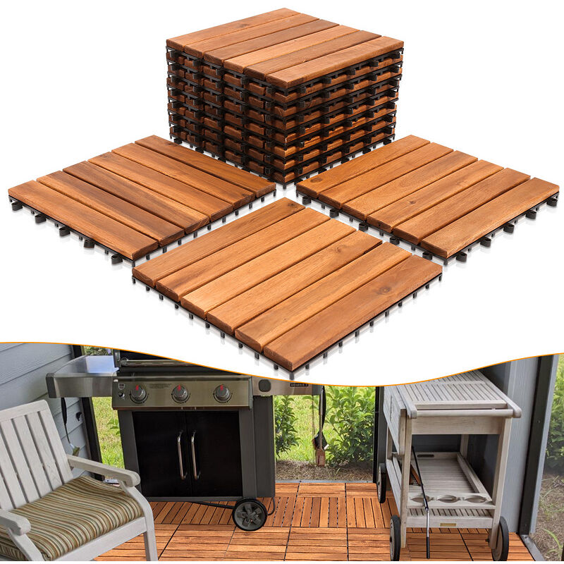 88x Dalles de terrasse en bois d'acacia pour 8m² 30 x 30 cm Jardin extérieur système d'emboîtement et de Drainage - Vingo