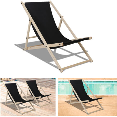 VINGO Chaise longue Chaise longue de plage Chaise de jardin Pliable Bois Chaise longue de plage noir 2 pièces