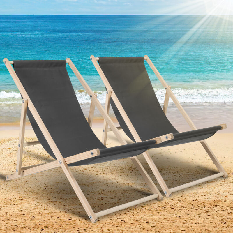 2X Chaise Longue Chilienne Pliable Terrasse Bois Chaise Longue Relax Pliable Gris - Vingo