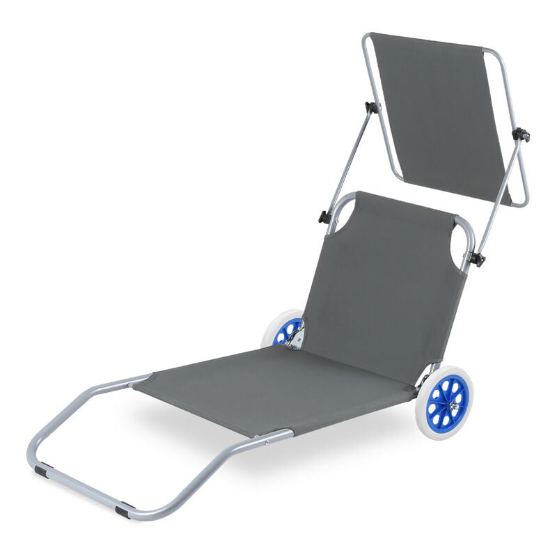 Chaise longue de jardin, Chaise de plage, Chaise longue pliable, jusqu'à 100 kg, avec 2 roues, oreiller 150x60x27cm-Gris Foncé/Noir - gris foncé