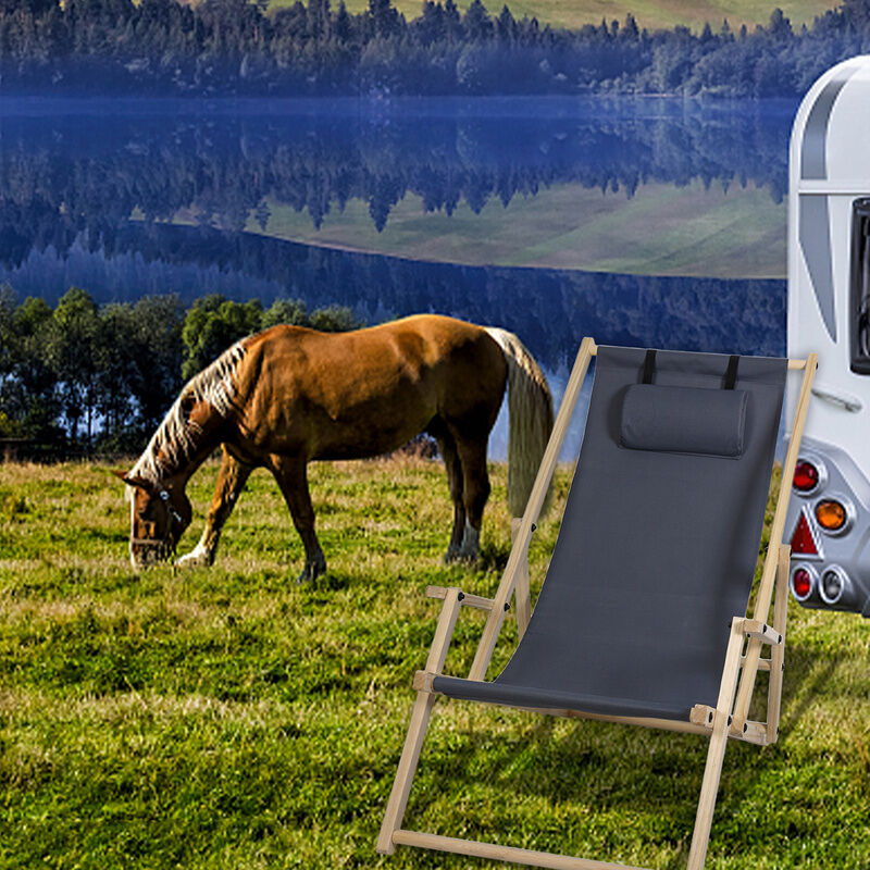 Vingo - Chaise longue Relax chaise solaire 120kg Chair Chaise confortable pliable en bois Gris Avec mains courantes - Gris