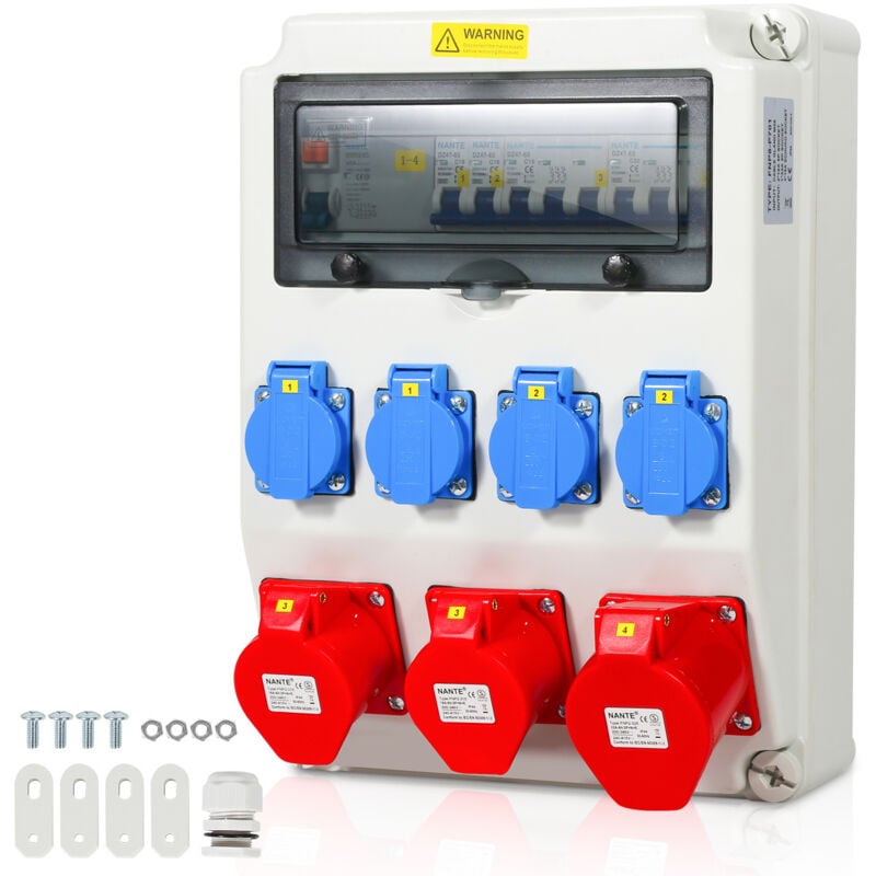 SWANEW Coffret De Chantier distributeur de courant mural avec disjoncteur et FI, répartiteur électrique 1X32A 2X16A 4x230V MIT LS + FI