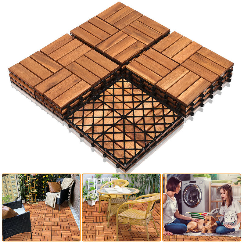 Dalles de terrasse en bois d'acacia Mosaïque 30 x 30 cm 1m² 11er set Système d'emboîtement Mosaïque Découpable - Vingo