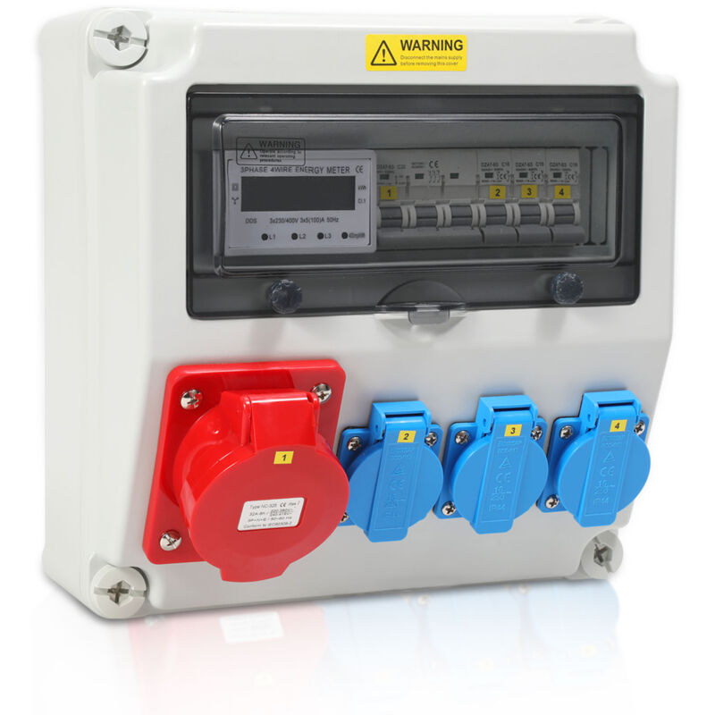 Distributeur de courant mural avec compteur de courant triphasé et mcb, distributeur de courant de chantier avec 3 prises Schuko cee 32A - Vingo