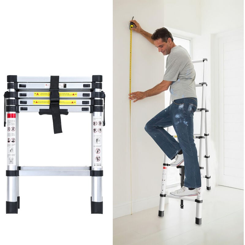 Swanew Echelle Télescopique 1.4m+1.7m jusqu'à 150 kg Escabeau stable en aluminium Multi-Fonction