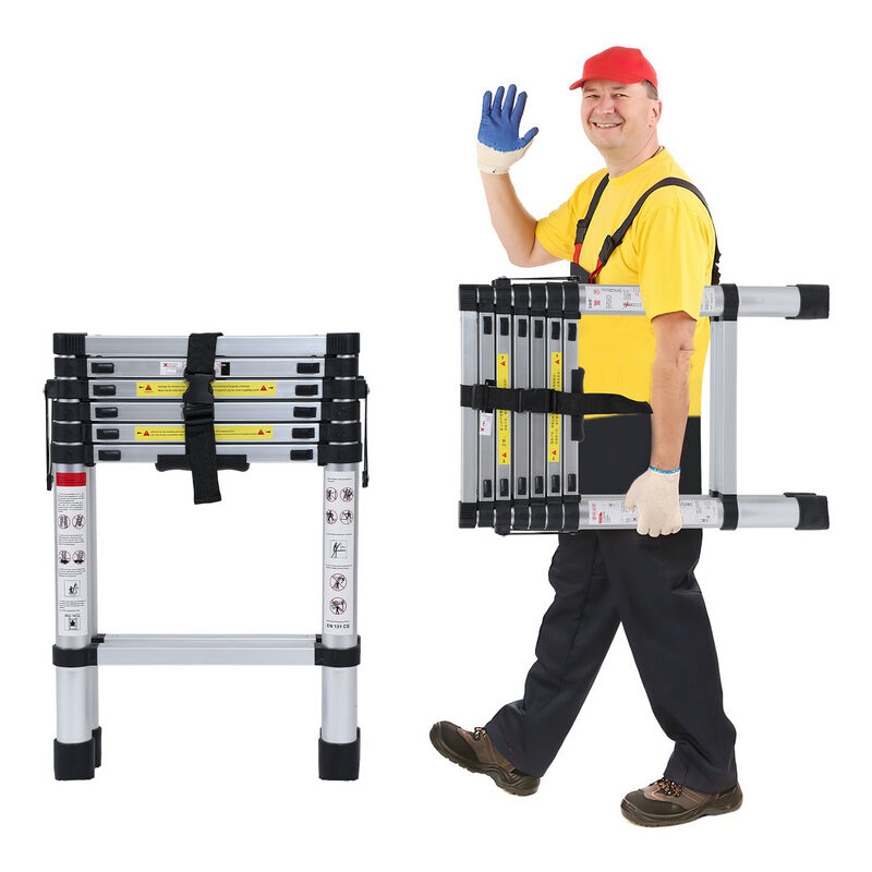 VINGO Echelle Télescopique jusqu'à 150 kg Escabeau stable en aluminium 1.7m+2.0m