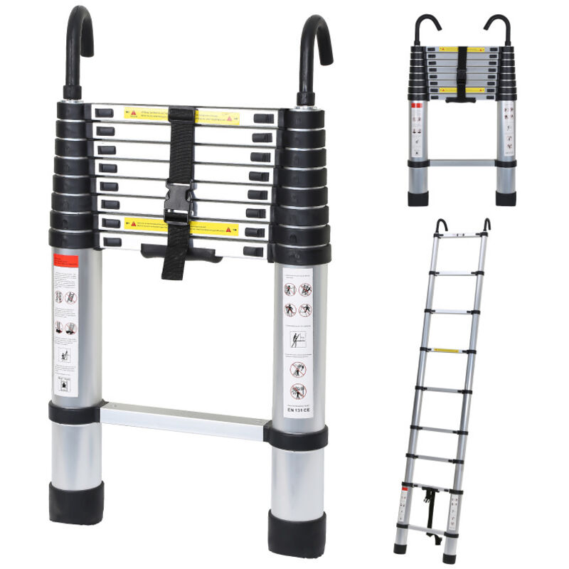 Echelle Télescopique Avec Crochet Escabeau Aluminium Argent 2.6m - Vingo