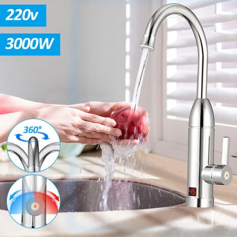 RANDACO VINGO Elektrische Wasserhahn Armatur 3000W Sofortiger Warm KüChenarmatur Elektrischer Heizung Wasserhähnen, Mischbatterie mit Durchlauferhitzer 360° LED Temperaturanzeige Smart Heater Armatur