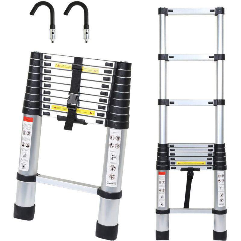 Swanew Escalera telescópica Escalera extensible de aluminio ligera antideslizante 2,6 m plateada + gancho extensible para escalera extensible