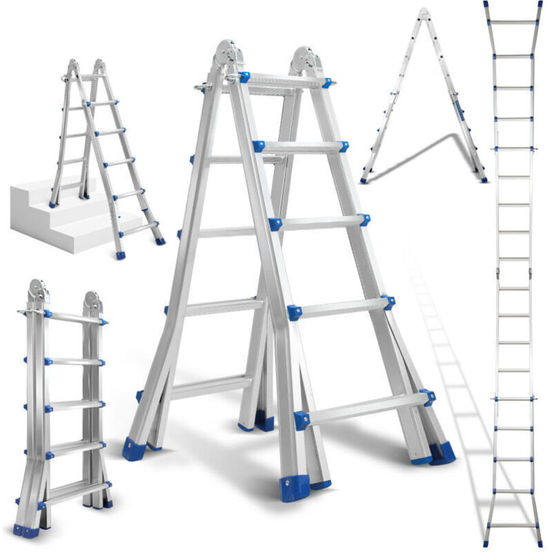 Swanew Escalera telescópica Escalera extensible ligera de aluminio 4x4 nivel plata + escalera extensible extensible multifunción