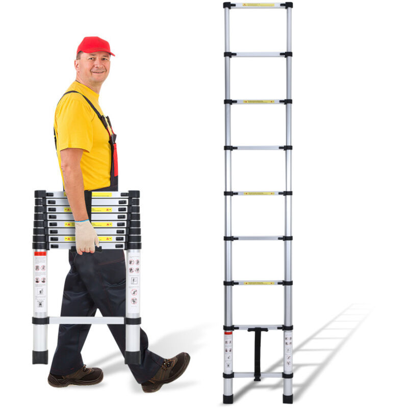 Swanew Escalera telescópica Escalera extensible ligera de aluminio, escalera inclinada antideslizante, 3,2 m, escalera extensible plateada