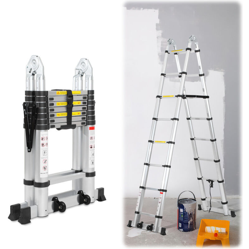 Swanew Escalera telescópica Escalera extensible ligera de aluminio antideslizante 1,9 m + escalera extensible plateada de 1,9 m