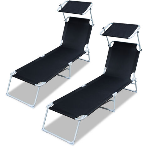 VINGO Garden lounger Sun lounger Beach chair Recliner Bed with sun canopy Adjustable Portable Black 2pcs