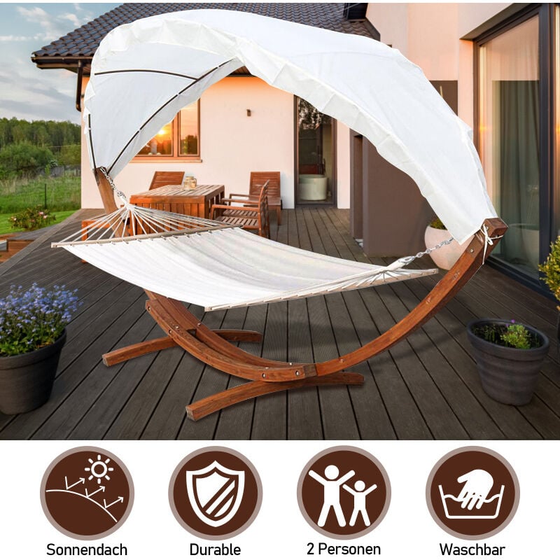 Hamac avec cadre et pare-soleil, hamac en bois de mélèze résistant aux intempéries, hamac pour 2 personnes à l'extérieur - Vingo