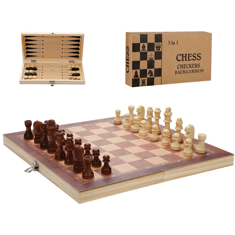 Jeu d'échecs fait à la main jeu d'échecs pliable table d'échecs en bois 3 in1 29x29CM - Vingo