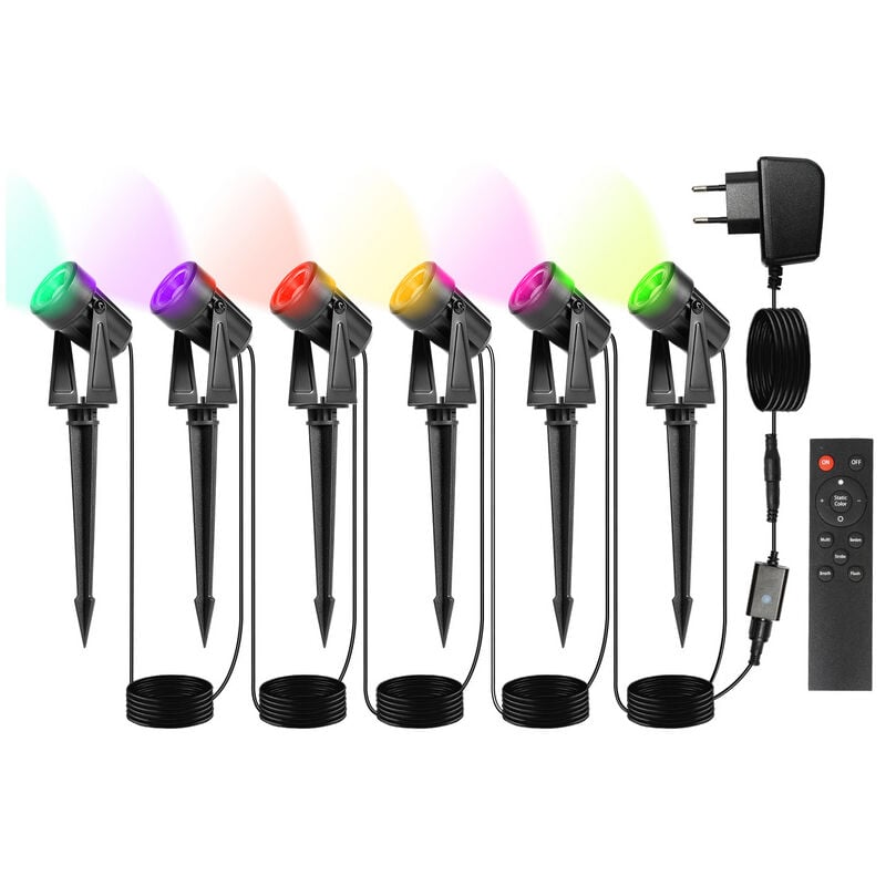 Lot de 6 Projecteur de jardin à led avec piquet de terre, éclairage de jardin avec prise étanche IP65 rgb - Vingo