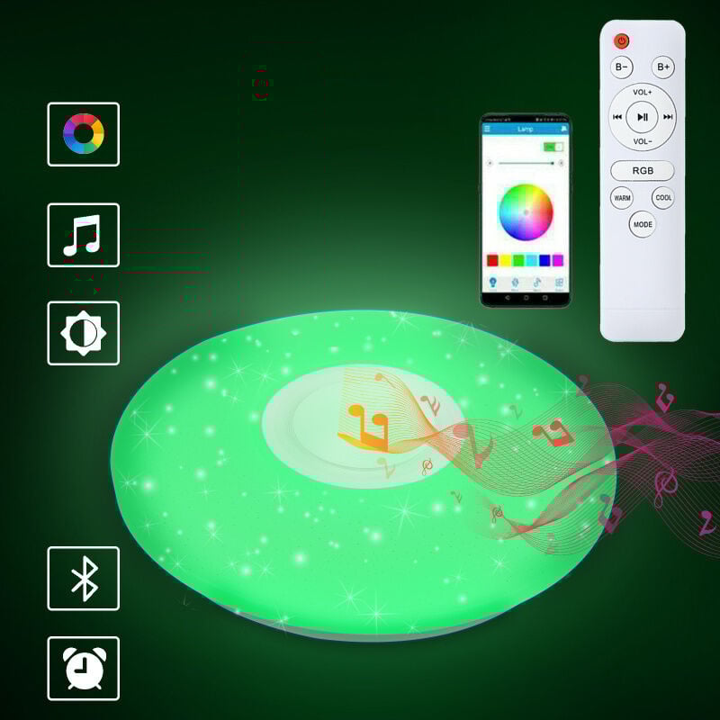 Einfeben Lustre de plafond led 36W avec effet ciel étoilé rond, lampe, lampe de bain et musique Bluetooth