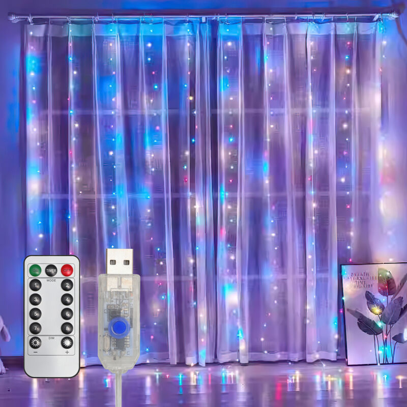 SWANEW Luz LED para Cortina 8 modos de iluminación USB Cortina Fiesta Jardín Navidad Decoración IP44 3x3m Multicolor