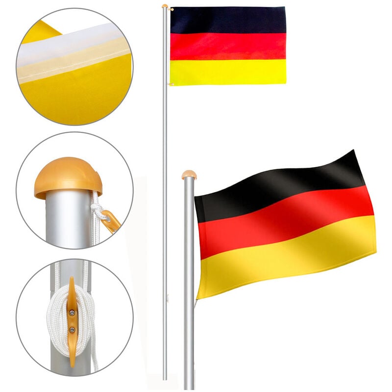 Mât de drapeau réglable en hauteur - mât, 6.5m porte drapeau, Aluminium Drapeau allemand - Vingo