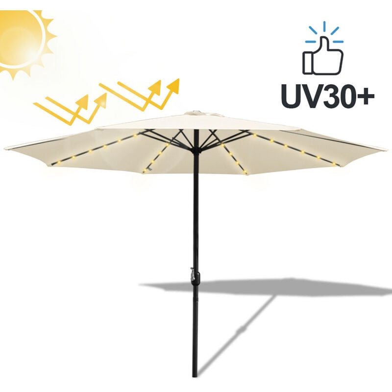 Parasol de jardin rond,protection uv jusqu'à UV30+,acve support et LED,350cm,Beige - Vingo