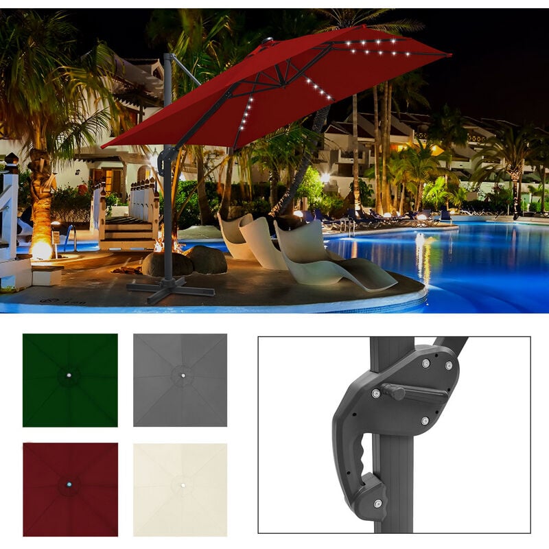 Parasol Déporté Inclinable 3x3M, Parasol de Jardin Extérieur Pliable, Base Croisée Rotatifà 360° Protection UV50+, LED,Rouge - Vingo