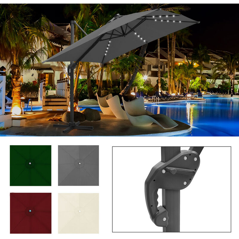 Parasol Déporté Inclinable 3x3M, Parasol de Jardin Extérieur Pliable, Base Croisée Rotatifà 360° Protection UV50+, LED,Gris - Vingo