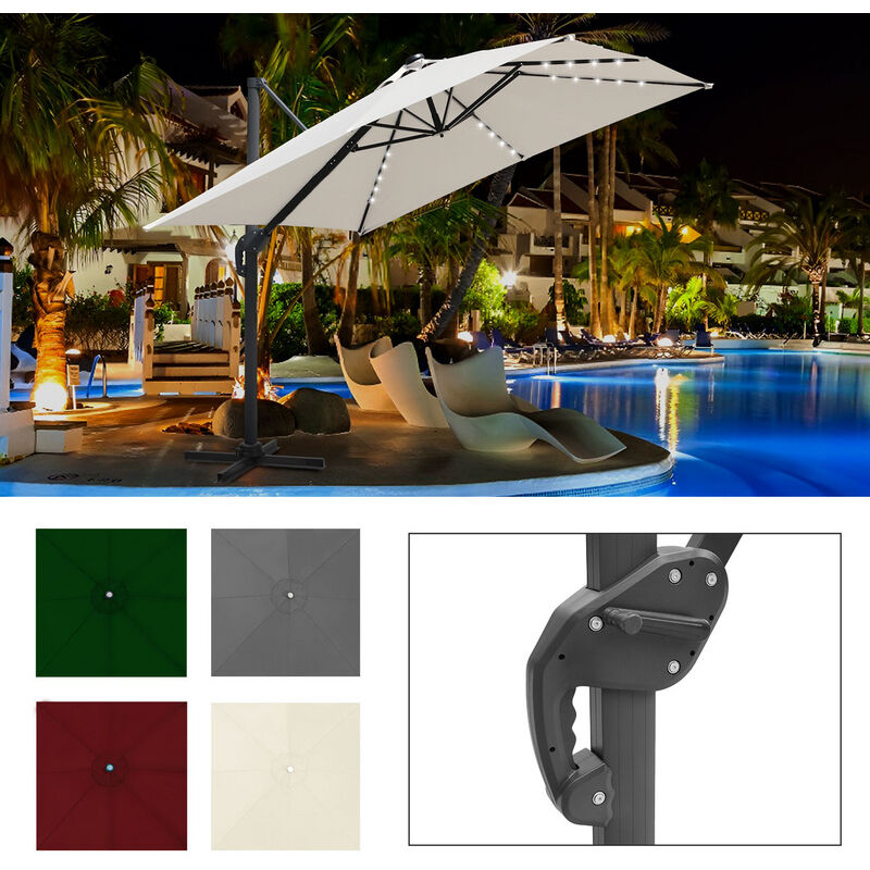 Parasol Déporté Inclinable 3x3M, Parasol de Jardin Extérieur Pliable, Base Croisée Rotatifà 360° Protection UV50+, LED,Beige - Vingo