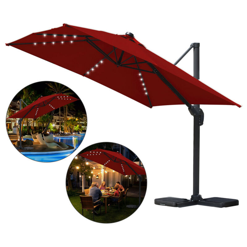 Parasol jardin déporté, Parasol Parapluie - Alu - 360° rotatif - 3 x 3 m - avec led - Rouge - Vingo